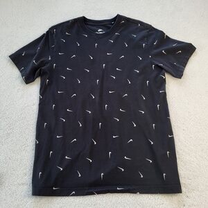 Men's Nike Logo Full Print Round Neck Pullover Short Sleeve Black T-Shirt Size M